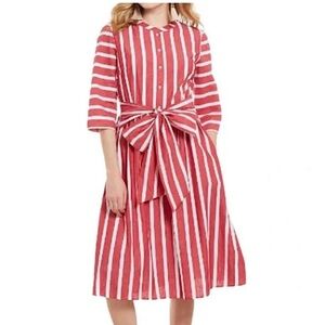 Daniel Cremieux Red White Striped Cotton Midi Shirt Dress Size 2 Front Waist Bow